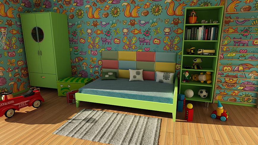 Colorful 3D Rendered Child Bedroom with Patterned Wallpaper