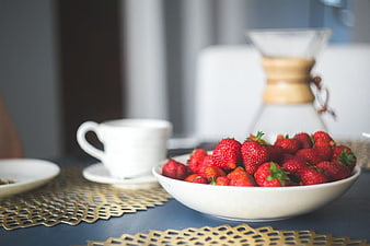 Fresh Strawberries in White Bowl with Coffee