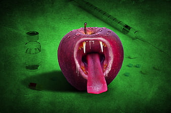 Surreal vampire apple with fangs and medical syringe