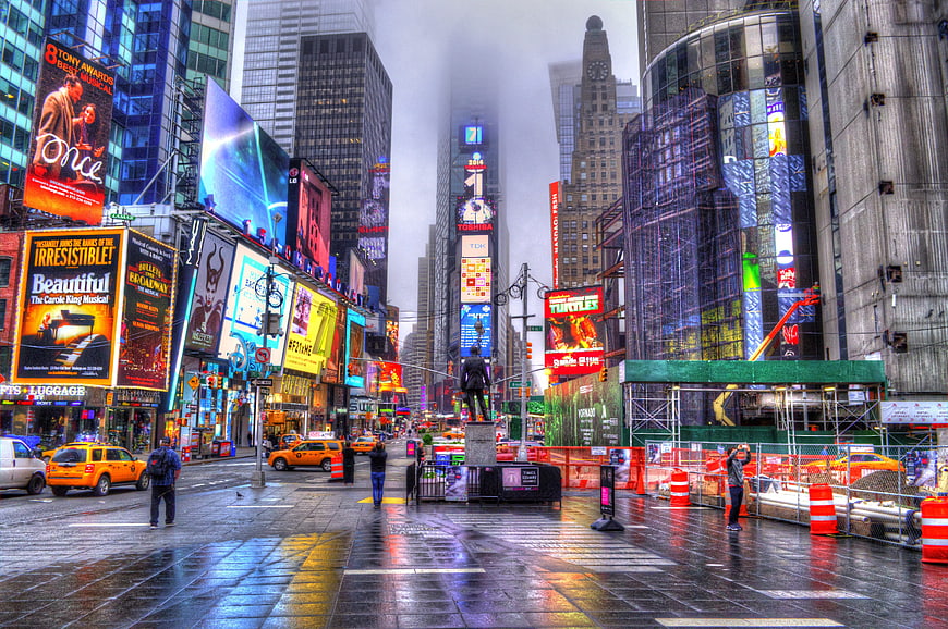 Times Square New York City Rainy Day with Neon Signs