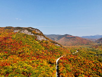 Aerial View of Vibrant Autumn Mountains and Winding Road