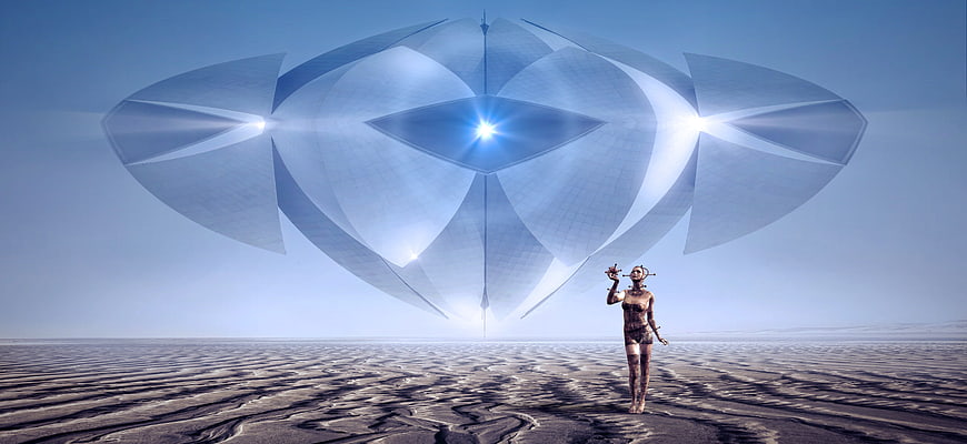 Futuristic woman standing before giant glowing UFO in desert