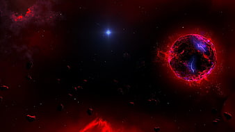 Fiery Red Planet With Blue Star And Asteroids In Deep Space