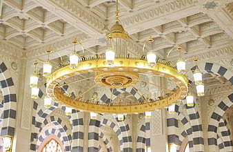 Grand Golden Chandelier in Ornate Mosque Interior