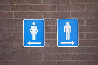 Blue restroom signs with directional arrows on a textured brick wall