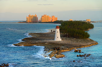 Aerial View of Lighthouse on Rocky Island Near Bahamas Resorts