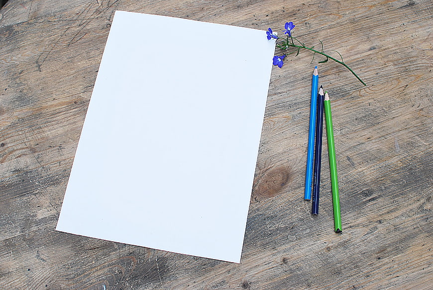 Blank White Paper with Colored Pencils and Blue Flower on Rustic Wood