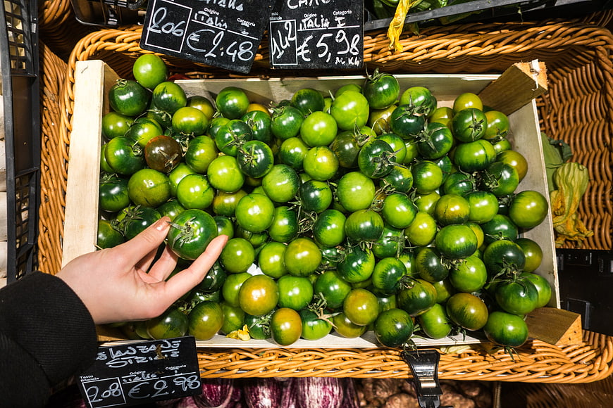 Hand selecting green striped Italian tomatoes at market