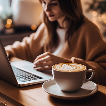 Woman working on laptop with latte art coffee