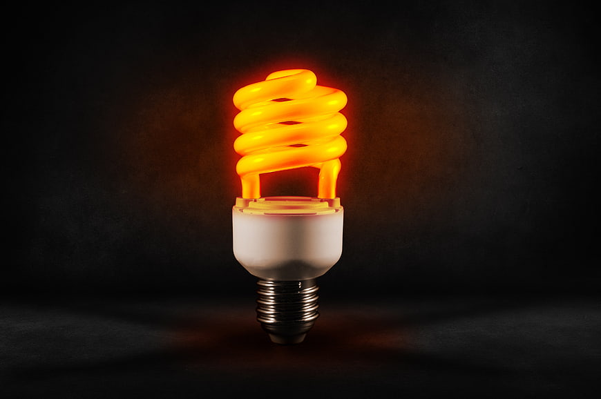 Glowing orange compact fluorescent light bulb on dark textured background