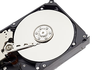Open Hard Drive Disk Platter and Read Head Close Up