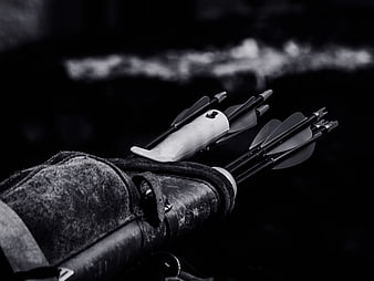 Close-up of leather quiver with arrows in black and white