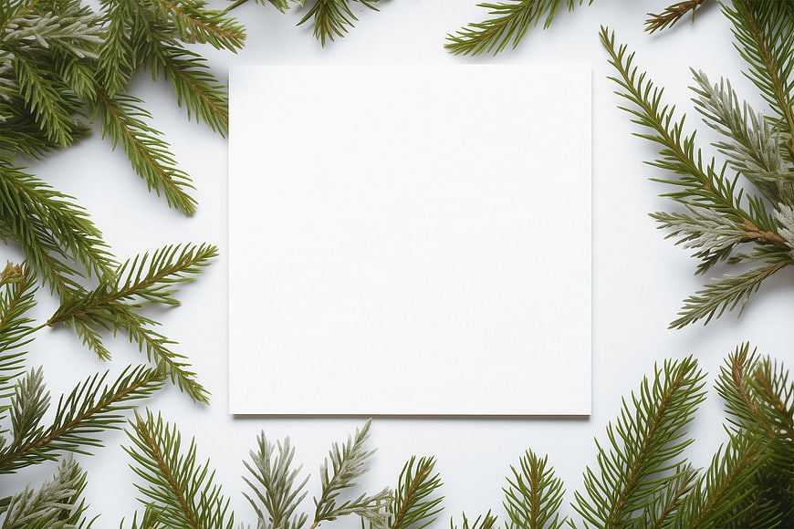 White card mockup surrounded by pine branches on white background