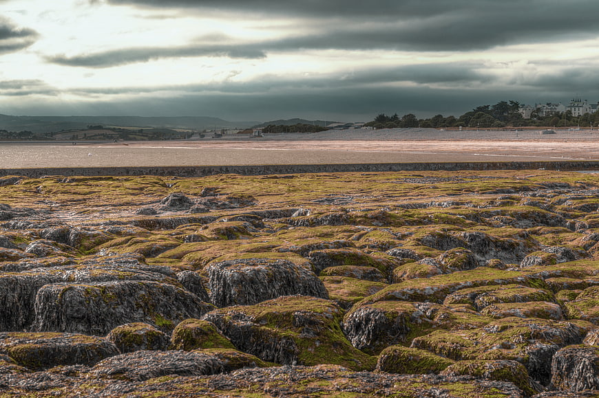 Mossy rocks on a beach with dramatic cloudy sky