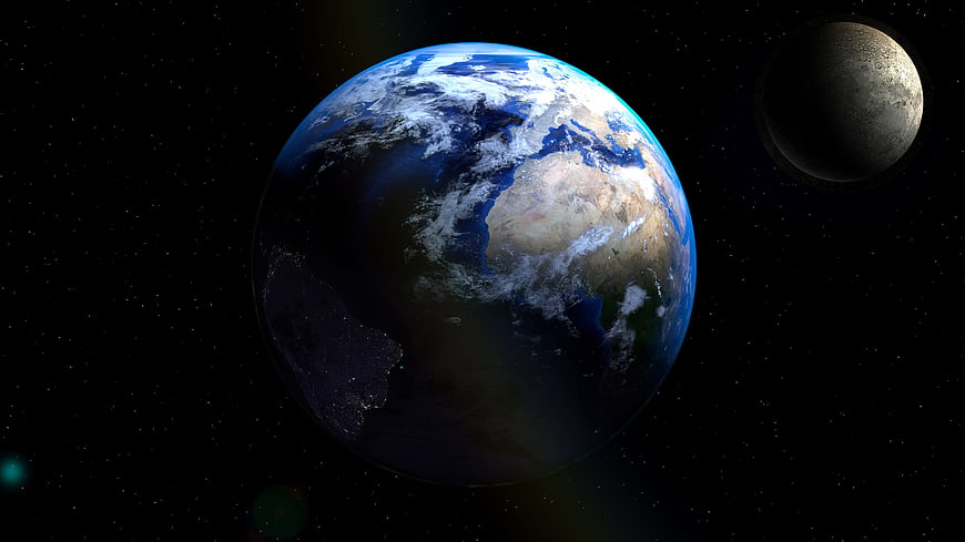Earth and Moon in Space with Starry Background
