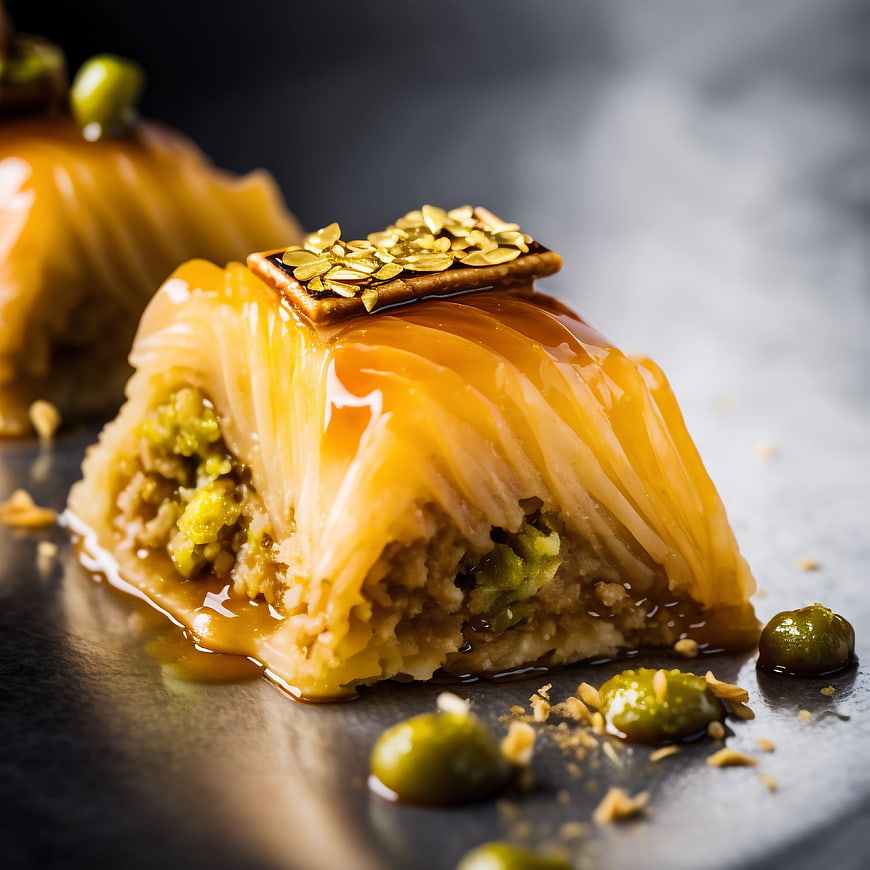 Close-up of Pistachio Baklava with Golden Syrup