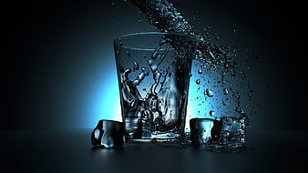 Dynamic Water Splash in Glass with Ice Cubes