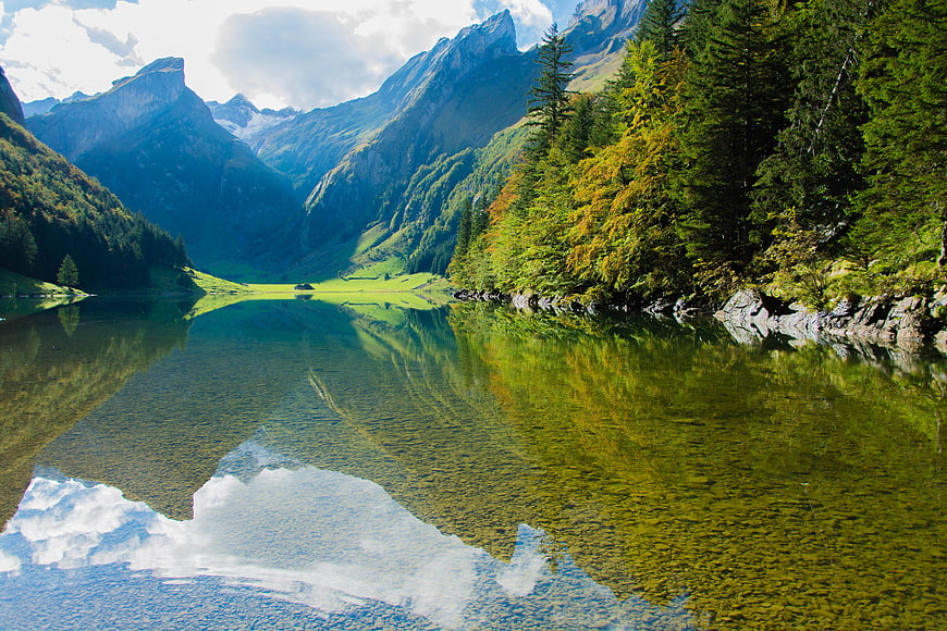 Serene Alpine Lake with Mountain Reflections