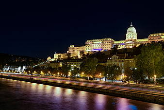 Buda Castle Night View with Danube River Light Trails