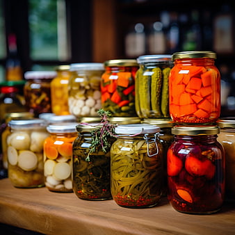 Assorted Pickled Vegetables in Glass Jars on Wooden Table