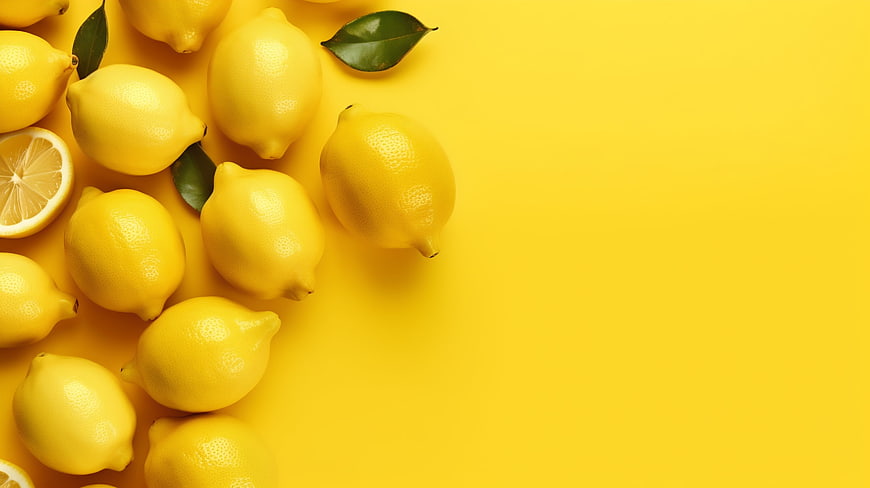 Fresh Lemons Flat Lay on Yellow Background with Copy Space