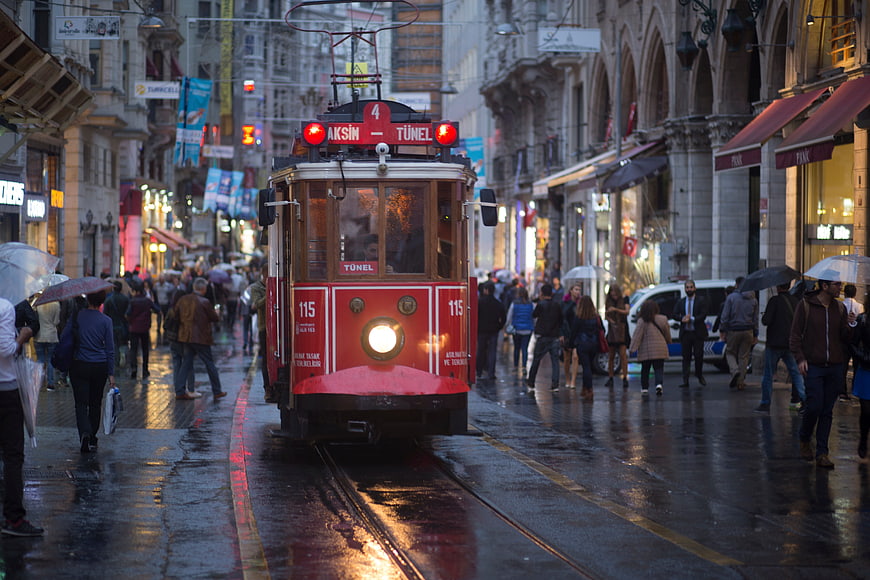 Red Tünel Tram on Rainy Istanbul Street