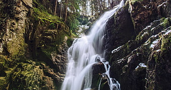Majestic waterfall cascading down mossy rocks in a forest