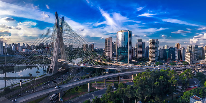 Aerial View of Octávio Frias de Oliveira Bridge and São Paulo Skyline
