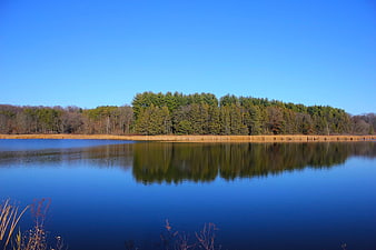 Serene Lake Landscape With Forest Reflections Under Clear Blue Sky