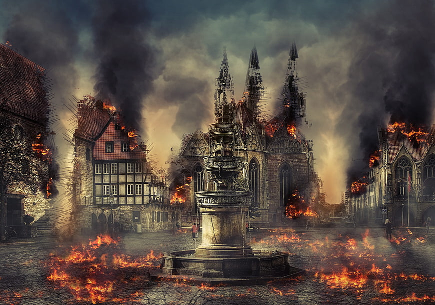 Apocalyptic Fire in Historic German Town Square with Burning Church