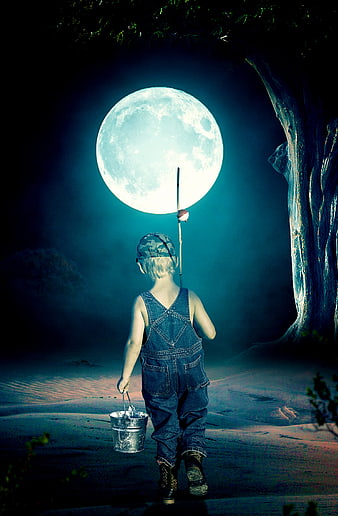 Boy fishing for the moon with bucket and stick at night