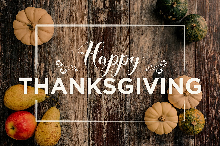 Happy Thanksgiving Greeting Card With Autumn Fruits And Pumpkins