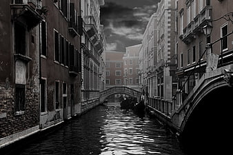 Dramatic Black and White Venice Canal with Gondolas