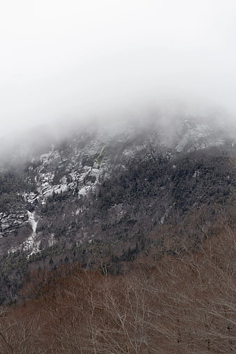 Misty Mountain Landscape with Snow and Bare Trees