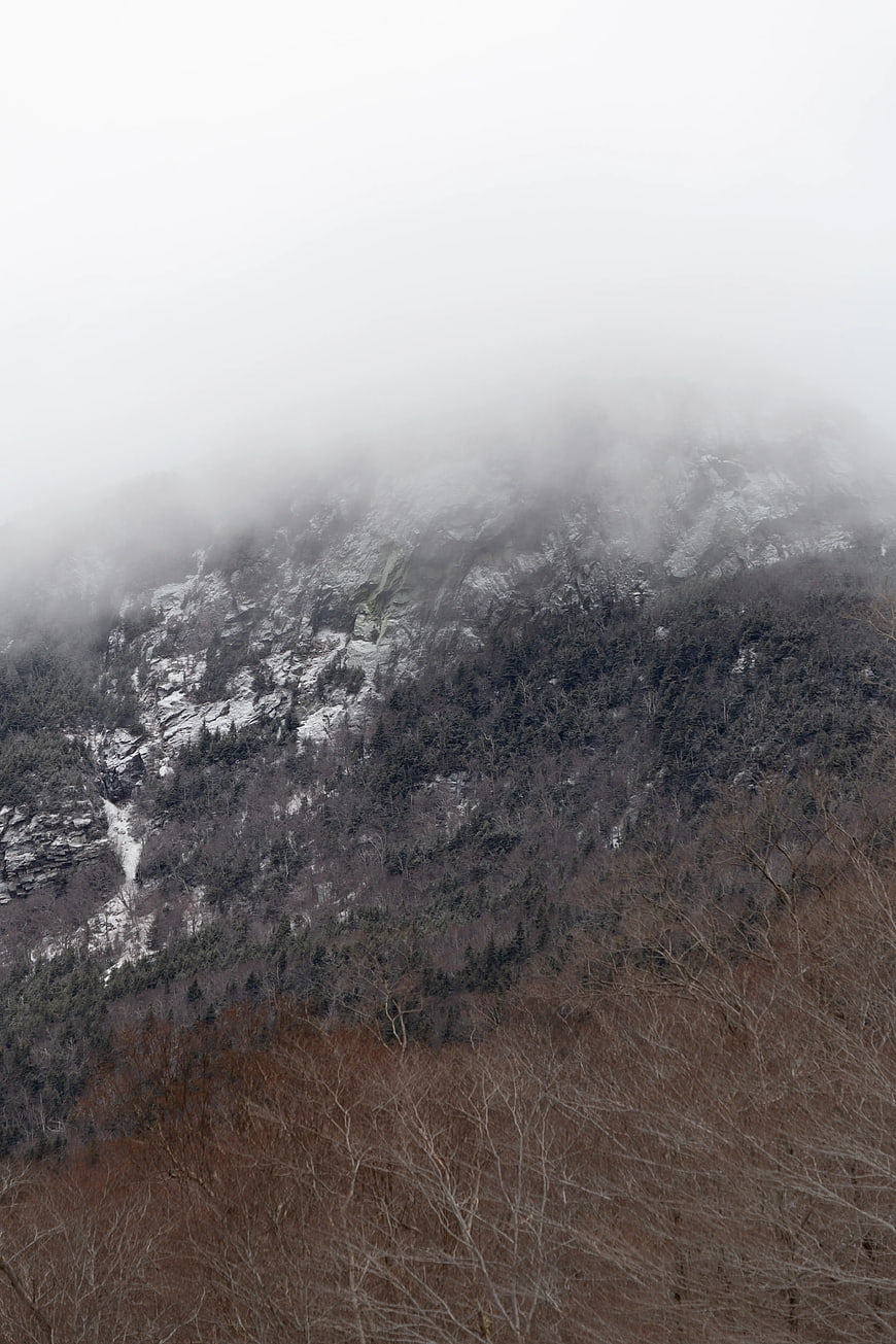 Misty Mountain Landscape with Snow and Bare Trees