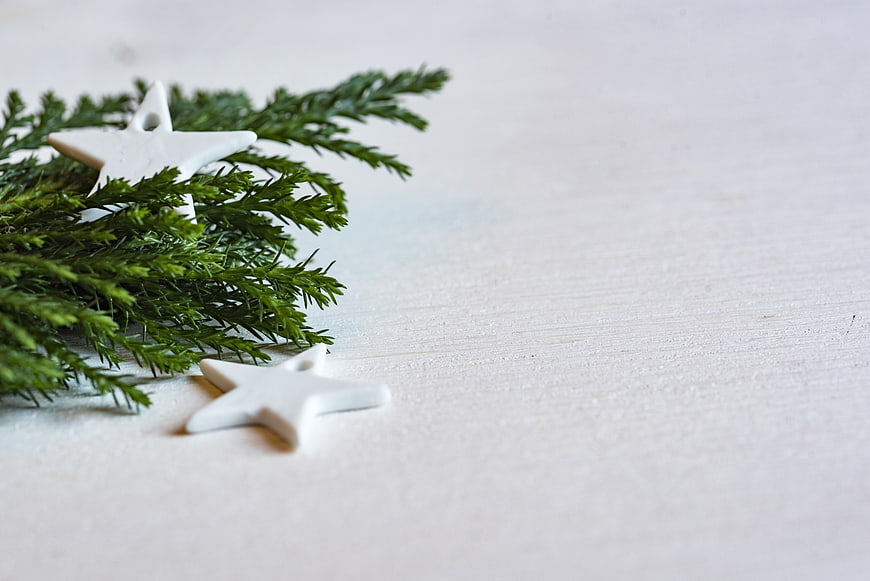 White Ceramic Stars And Pine Branch On White Wooden Surface