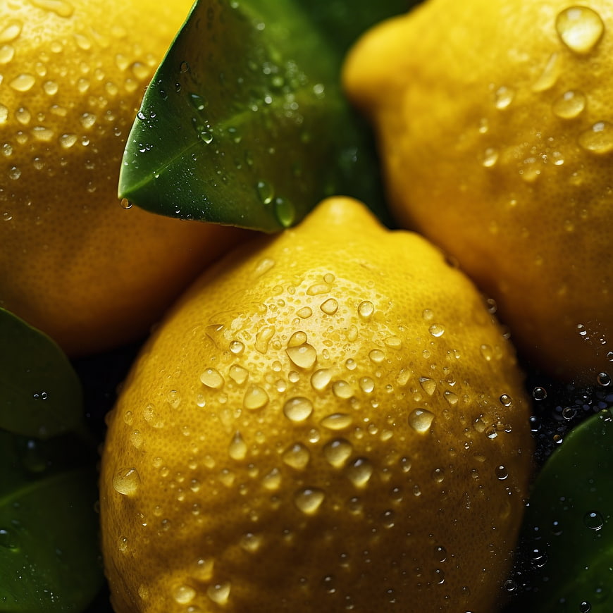 Fresh Yellow Lemons with Water Droplets and Green Leaves