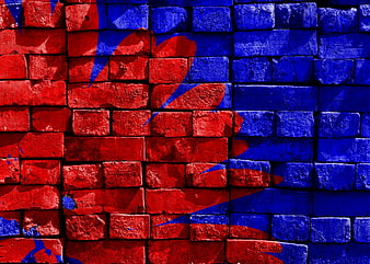Vibrant Red and Blue Painted Brick Wall Texture
