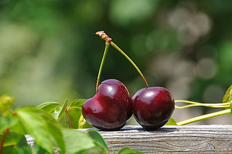 Two Ripe Red Cherries on Wooden Surface