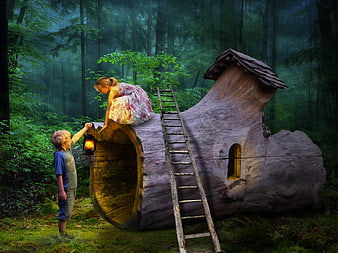Children Exploring Whimsical Hollow Log Treehouse In Misty Forest
