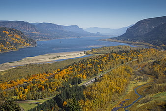 Aerial View of Autumn River Valley with Golden Foliage