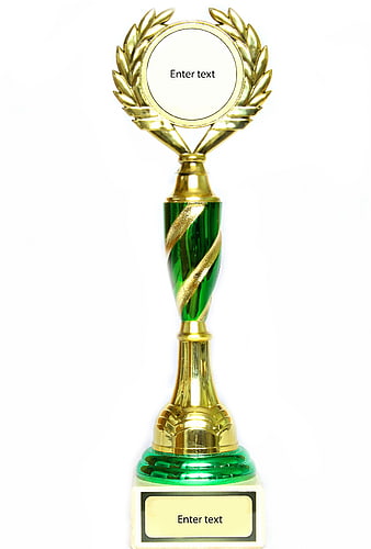 Gold And Green Trophy With Laurel Wreath On White Background