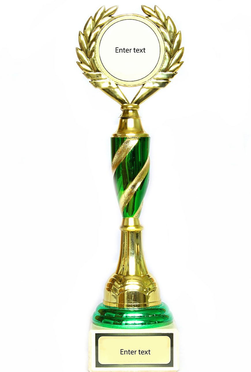 Gold And Green Trophy With Laurel Wreath On White Background