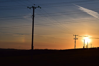 Silhouetted Power Lines Against a Golden Sunset Sky