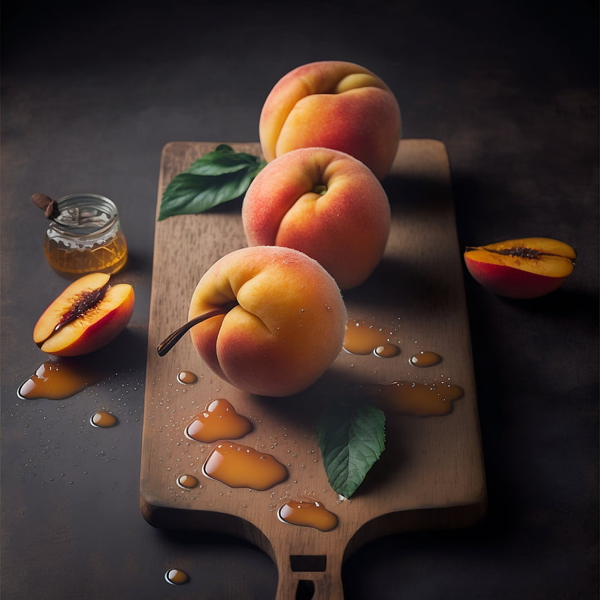 Fresh peaches with honey on a wooden board