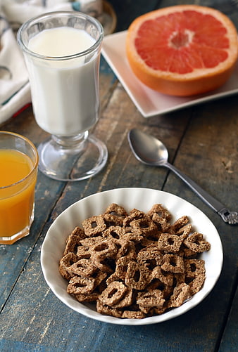 Healthy Breakfast with Chocolate Cereal, Milk, and Grapefruit