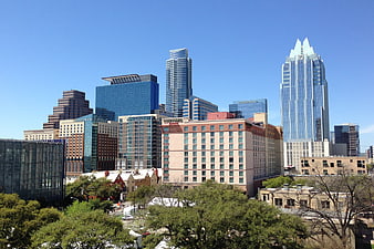 Downtown Austin Texas Skyline With Modern Skyscrapers And Clear Blue Sky