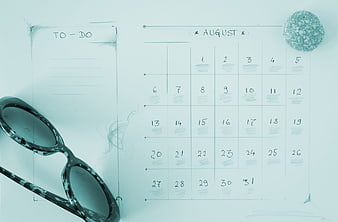 Hand-drawn August calendar and to-do list with eyeglasses on white background