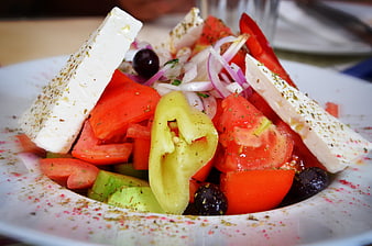 Fresh Greek Salad With Feta Cheese, Tomatoes, Olives, And Cucumber