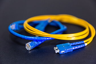 Blue and yellow network cables with RJ45 and fiber optic connectors